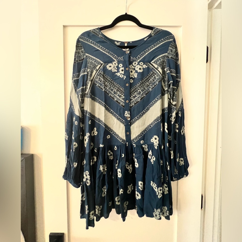 Free People Drop Waist Blue and Grey Tunic Mini Dress